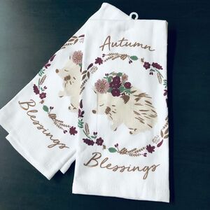 Fall Hedgehog Floral Wreath Woodlands Kitchen Towels Set